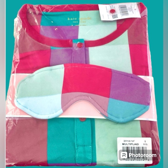 Kate spade PJ Set Henley long sleeve jogger & mask multi plaid New with tags - Picture 1 of 6